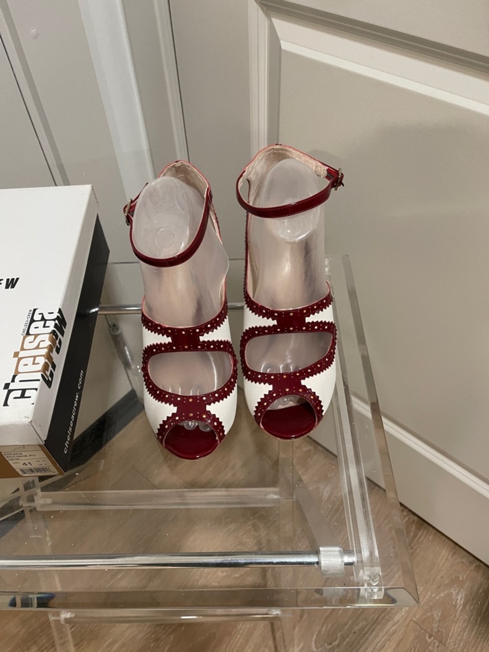 Chelsea Crew Escada Wine and White Cutout Peep-Toe Ankle-Strap Heels